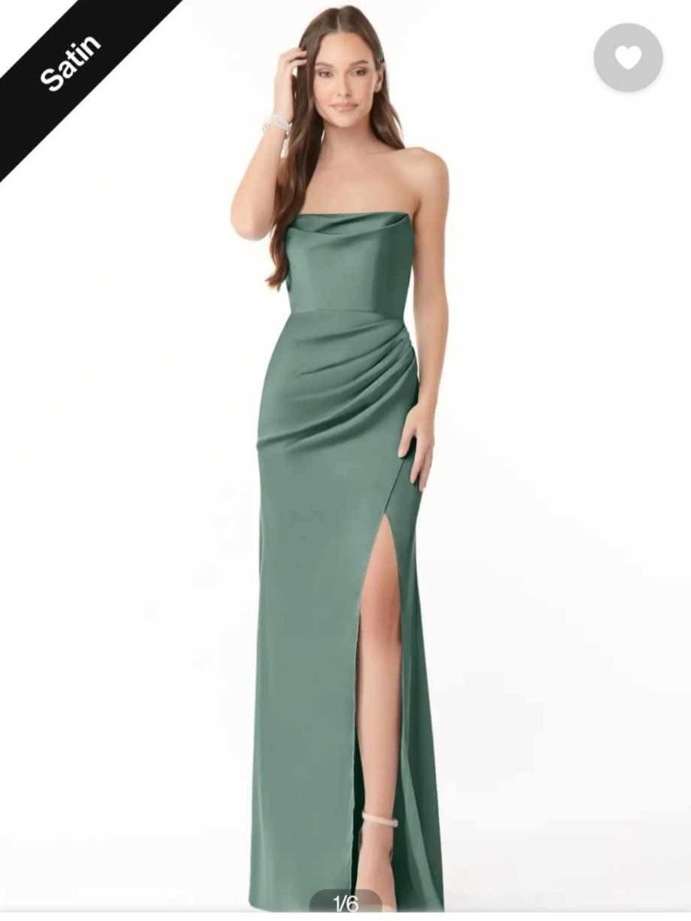 Azazie Strapless Satin Gown in Eucalyptus Green with Side Slit